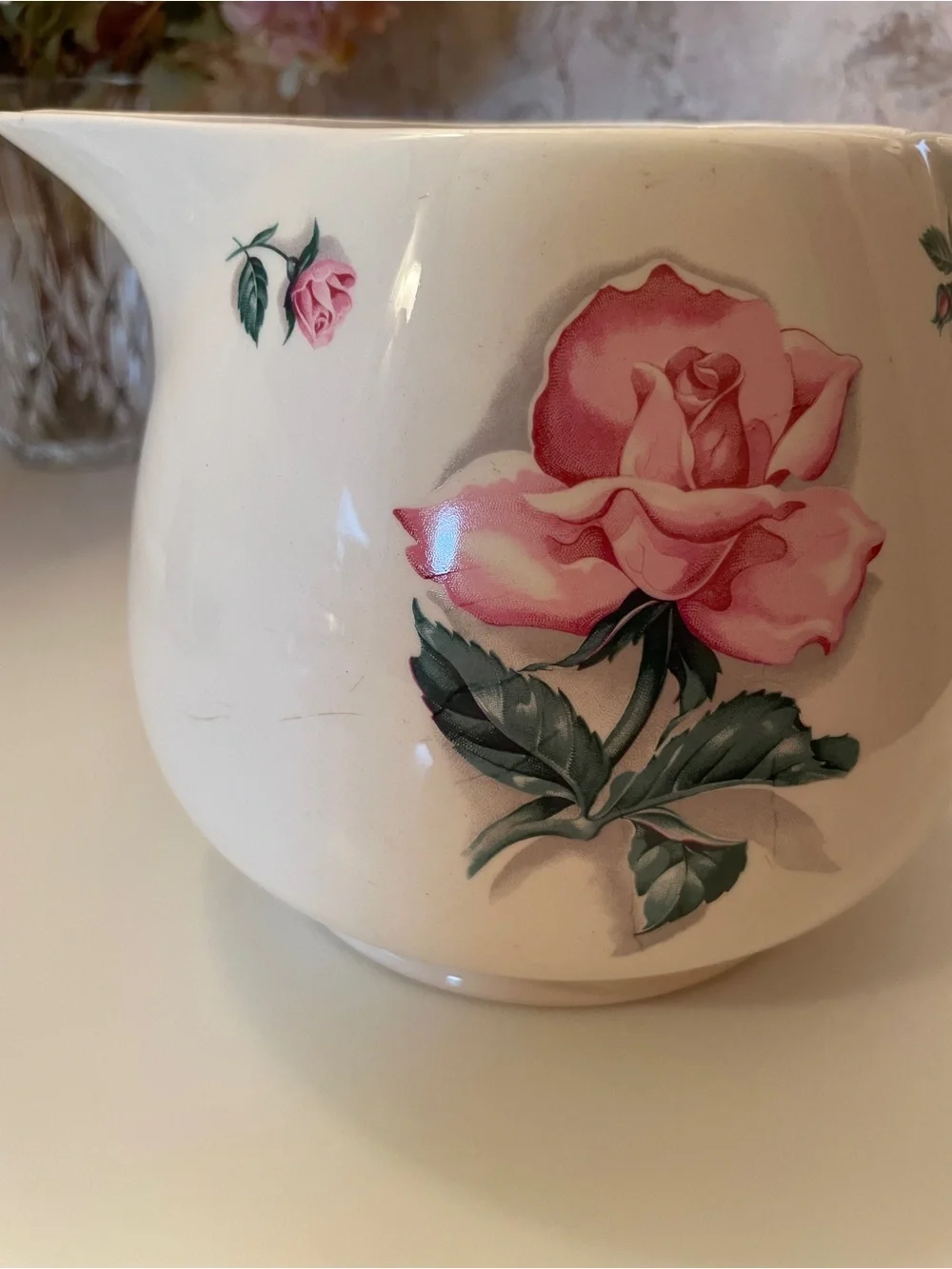 Vintage Household Institute Cream Ceramic Pitcher with Pink Rose Floral Design